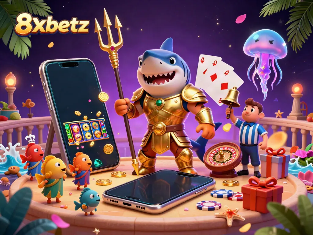 Engage with 8xbetz in a vibrant underwater colosseum featuring a golden gladiator shark and dynamic game elements.