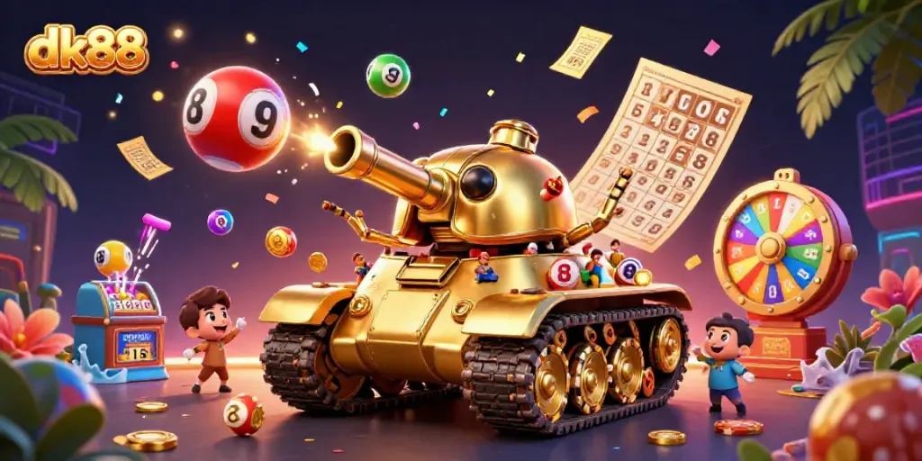Experience the vibrant chaos of dk88's casino world with a golden beetle tank bursting with festive game elements.