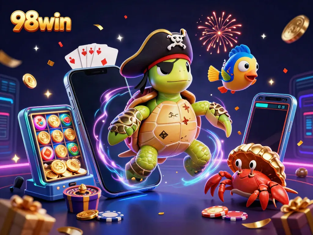 Engage in thrilling gameplay with 98win featuring a pirate-inspired treasure hunting 3D illustration.