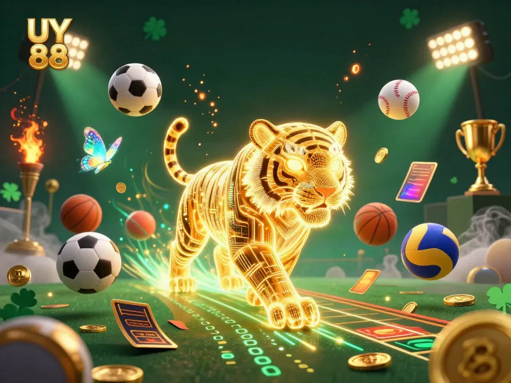 Experience the vibrant energy of gambling with UY 88, featuring dynamic sports elements and a golden tiger.