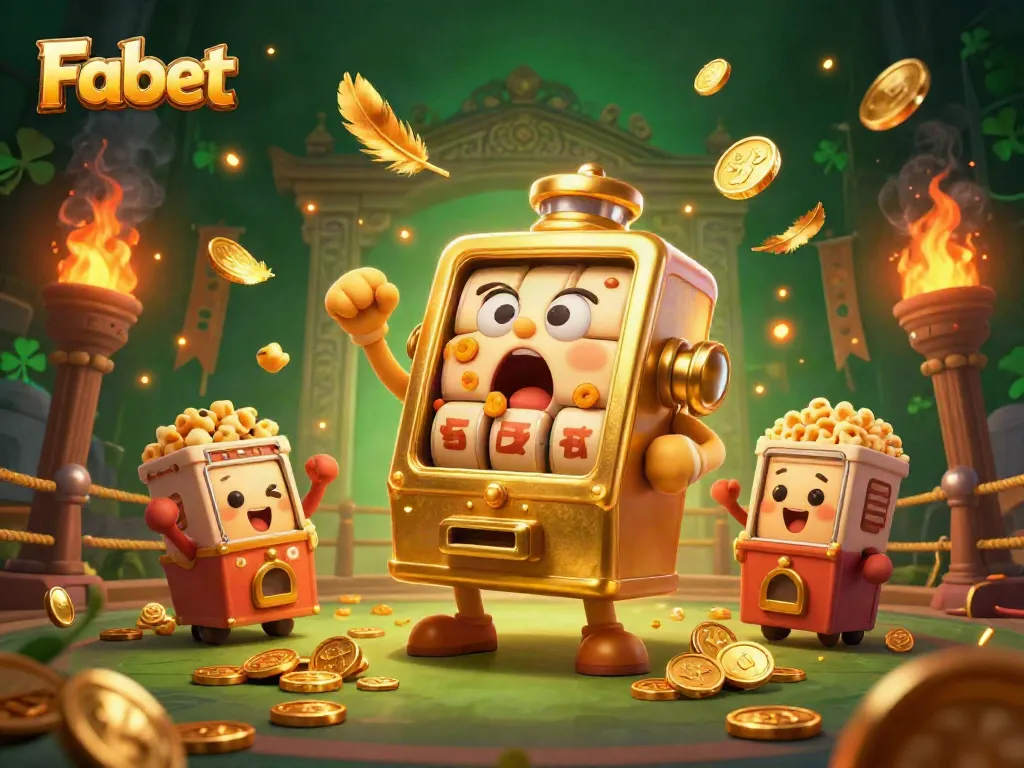 Fabet celebrates big wins with a premier cartoon slot machine illustration depicting jackpots and golden coins.