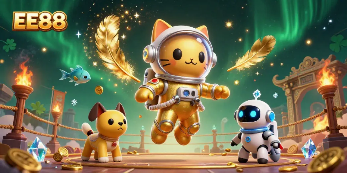 EE88 space-themed casino illustration featuring an astronaut cat and robot dog in a galaxy of gambling elements.