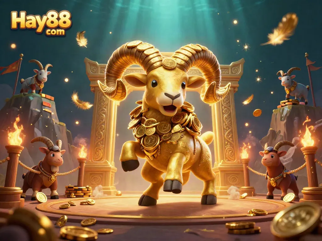 Experience thrilling action at Hay88 com with a golden ram charging through a vibrant casino scene.