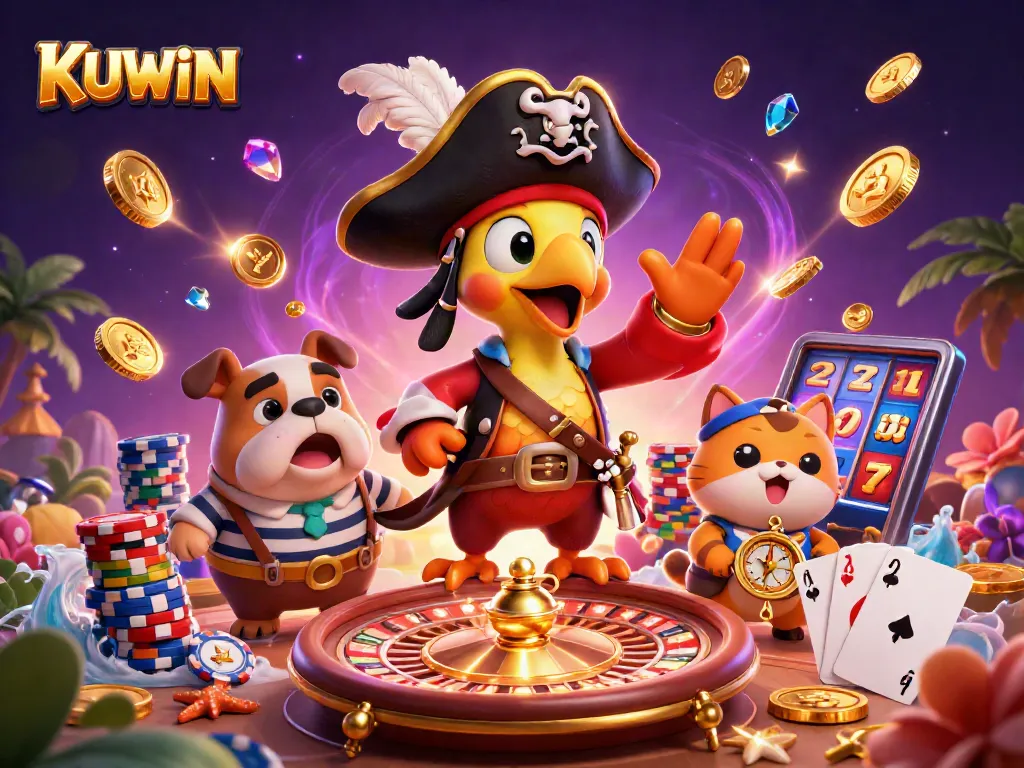 Kuwin's vibrant casino scene showcases a pirate captain and friends winning amidst the action.