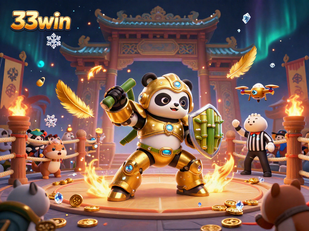 Join the excitement of 33win at a dynamic casino battle showcasing a golden panda in action.