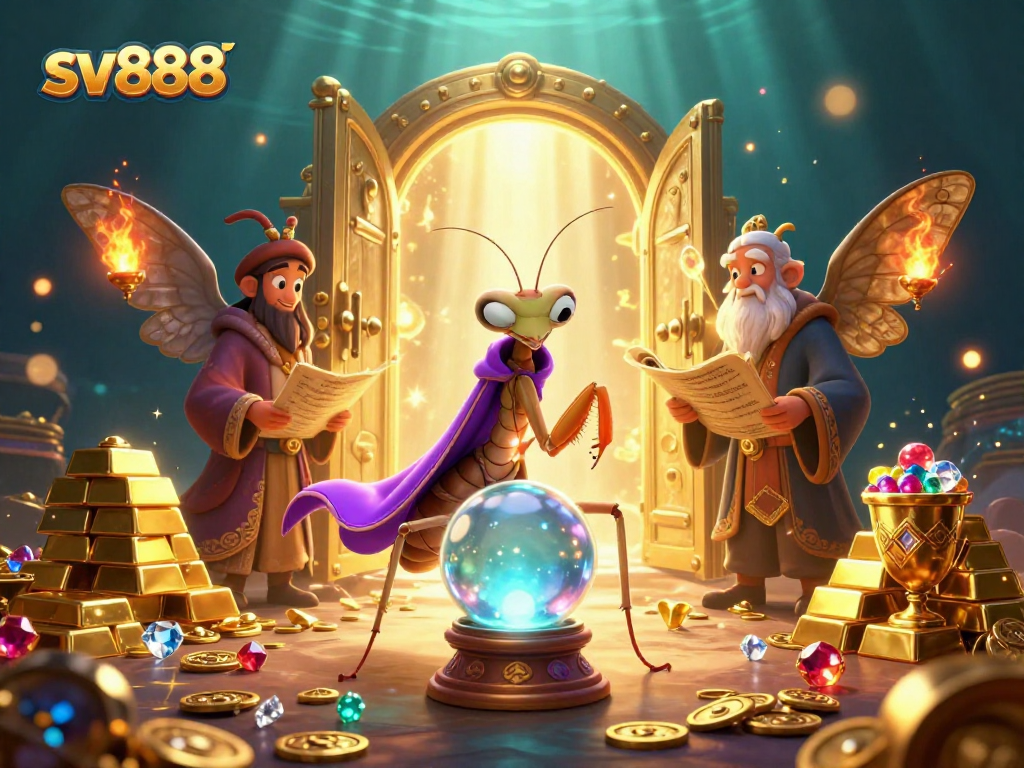 Join the fortune teller and moth librarian in a mystical sv888 casino scene filled with treasure and magic.