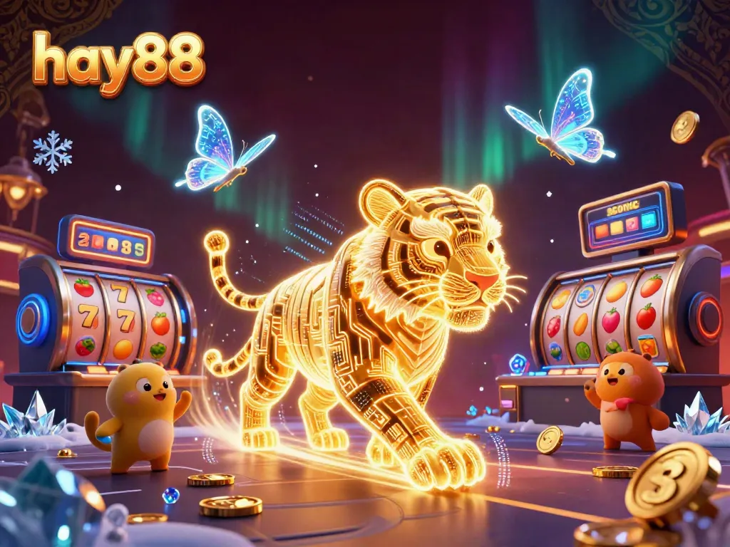 Experience the thrill of hay88 in a vibrant digital casino environment featuring a golden tiger and slot machines.