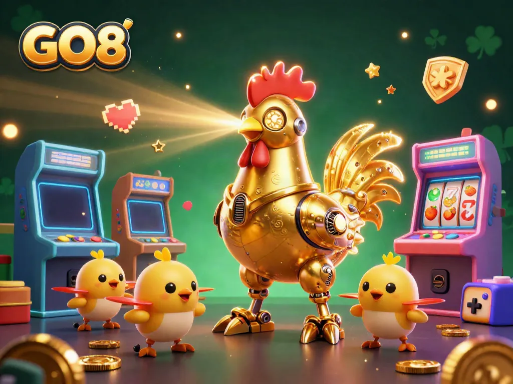 Engage with GO8’s vibrant slot gaming scene featuring a golden rooster robot and baby chick drones, surrounded by dynamic game elements.