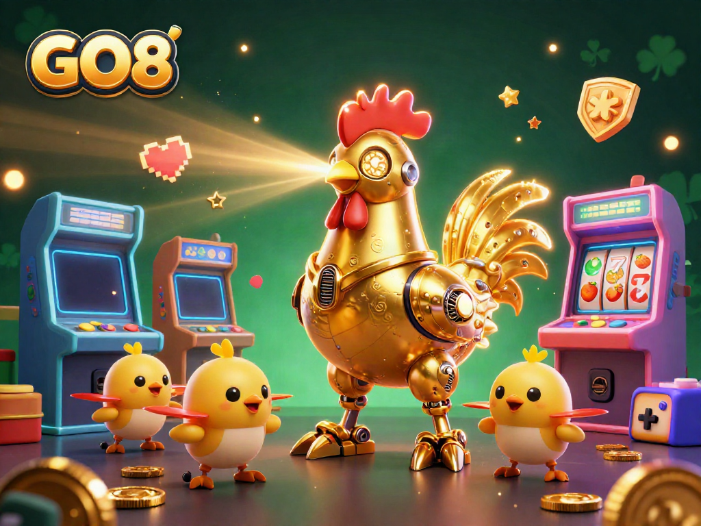 Engage with GO8’s vibrant slot gaming scene featuring a golden rooster robot and baby chick drones, surrounded by dynamic game elements.