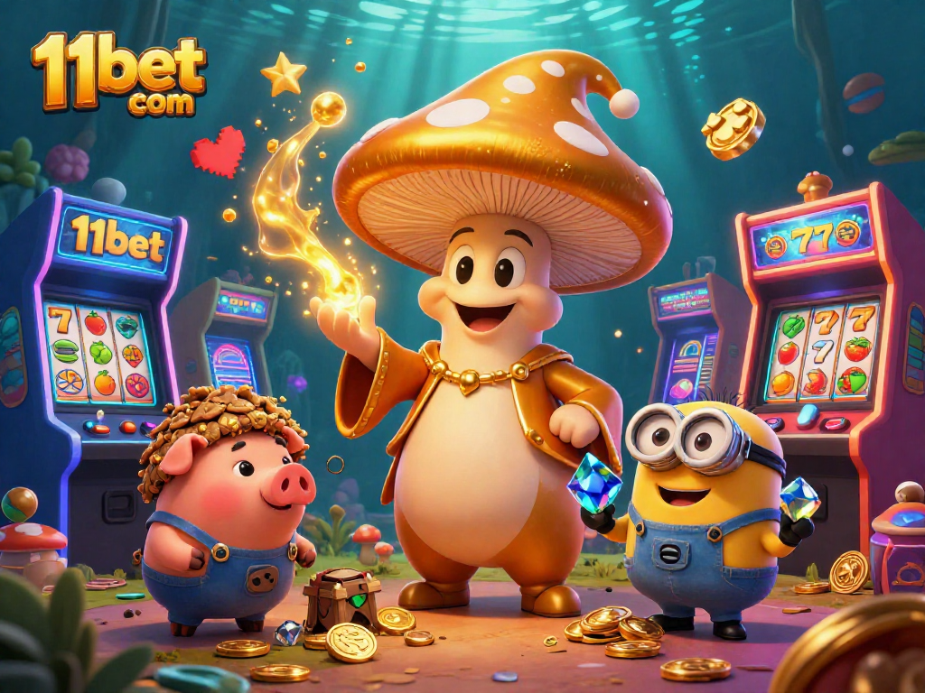 Engage with the magical world of 11bet com featuring a golden wizard and treasure-hunting pig in a vibrant casino scene.