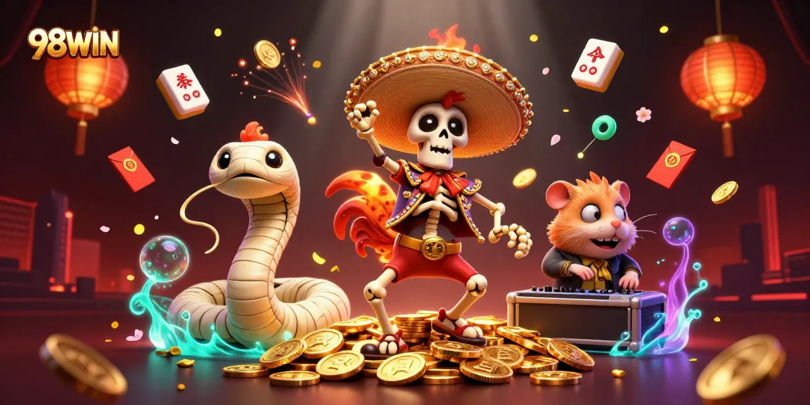 Experience the excitement of 98WIN with a 3D casino adventure featuring vibrant characters and festive elements