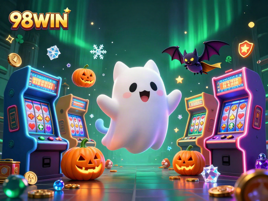 Experience thrilling gaming with 98WIN's ghost cat and vibrant casino elements.