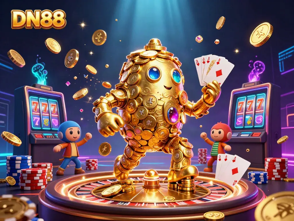 Engage with DN88's thrilling golden golem surrounded by coins and casino elements in a dynamic illustration.