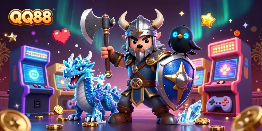 A thrilling QQ88 casino adventure with Viking wolf, dragon, and arcade game elements