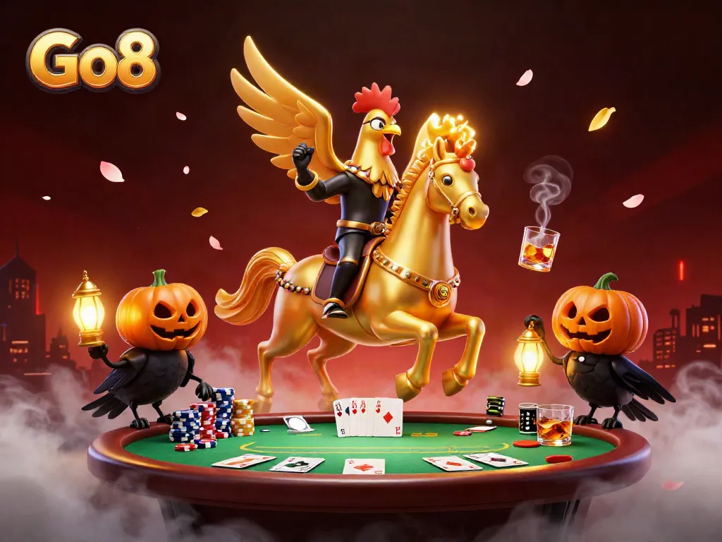 Engage in the vibrant Go8 casino experience with a golden rooster and crow companions, showcasing lively gambling elements.