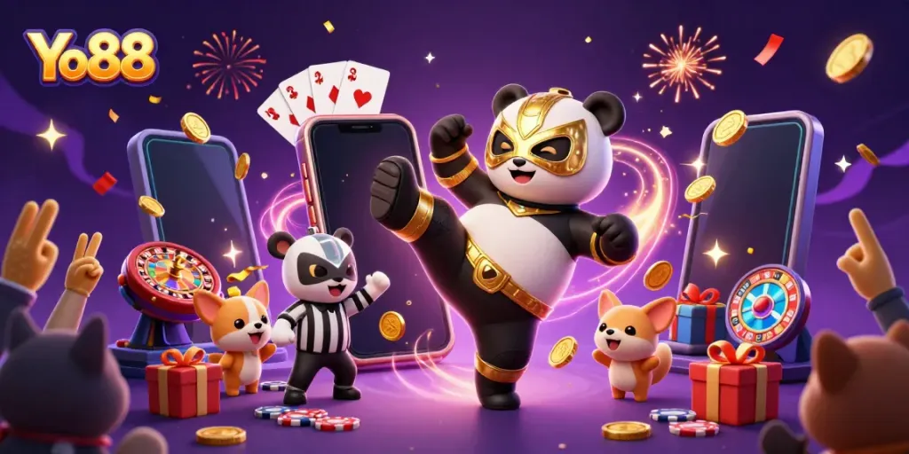 Engaging scene of Yo88 featuring a panda wrestler in action with slot games and casino excitement.