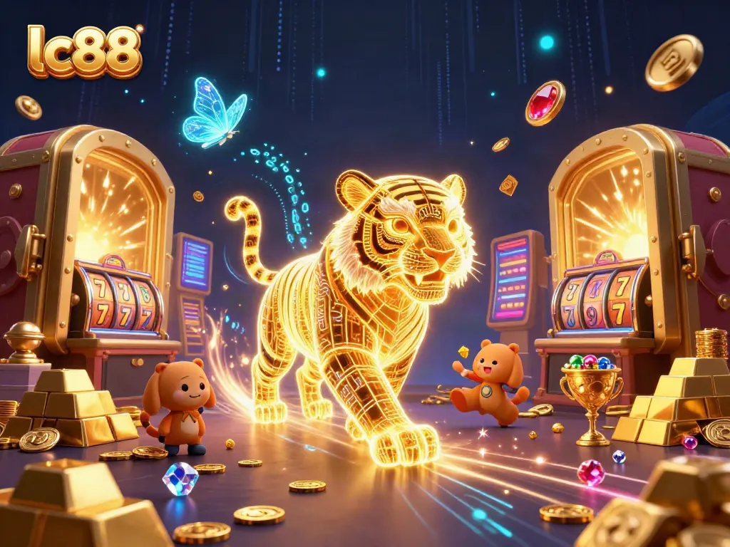 Enter the vibrant world of lc88 with a neon tiger in a digital casino, surrounded by treasures.