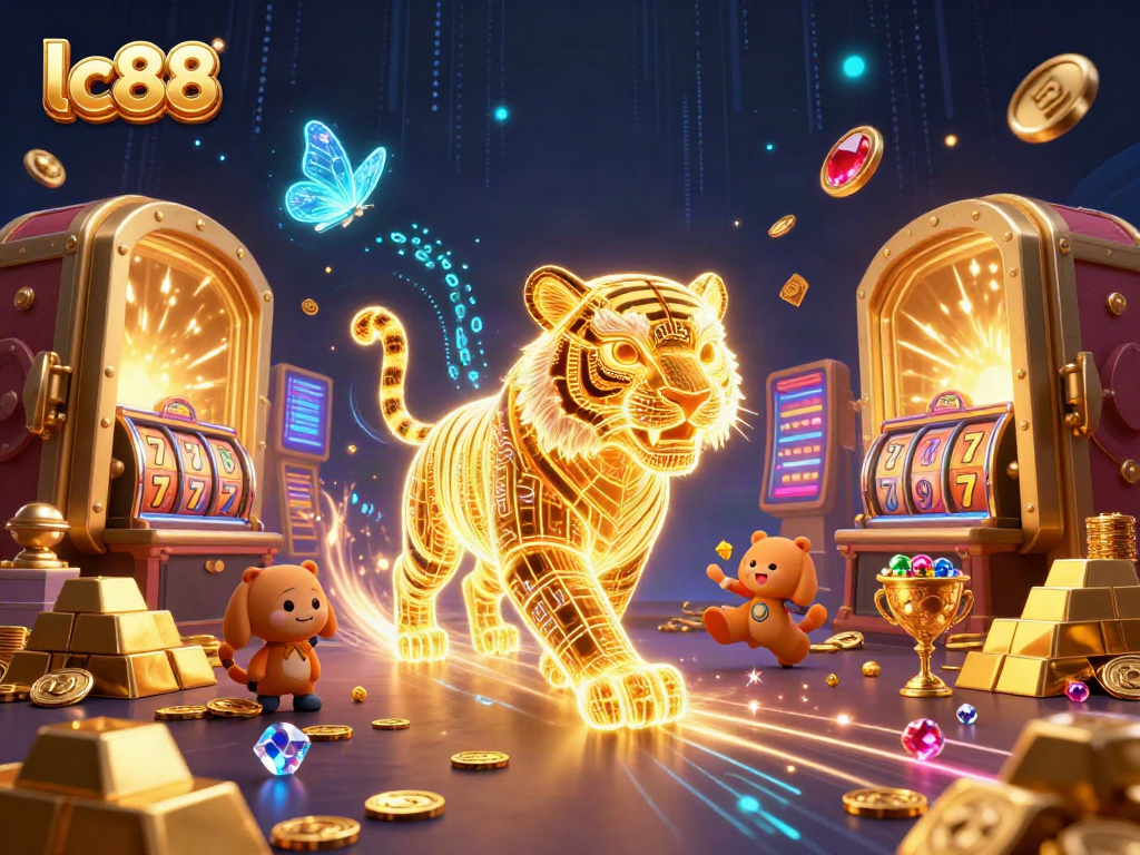 Enter the vibrant world of lc88 with a neon tiger in a digital casino, surrounded by treasures.