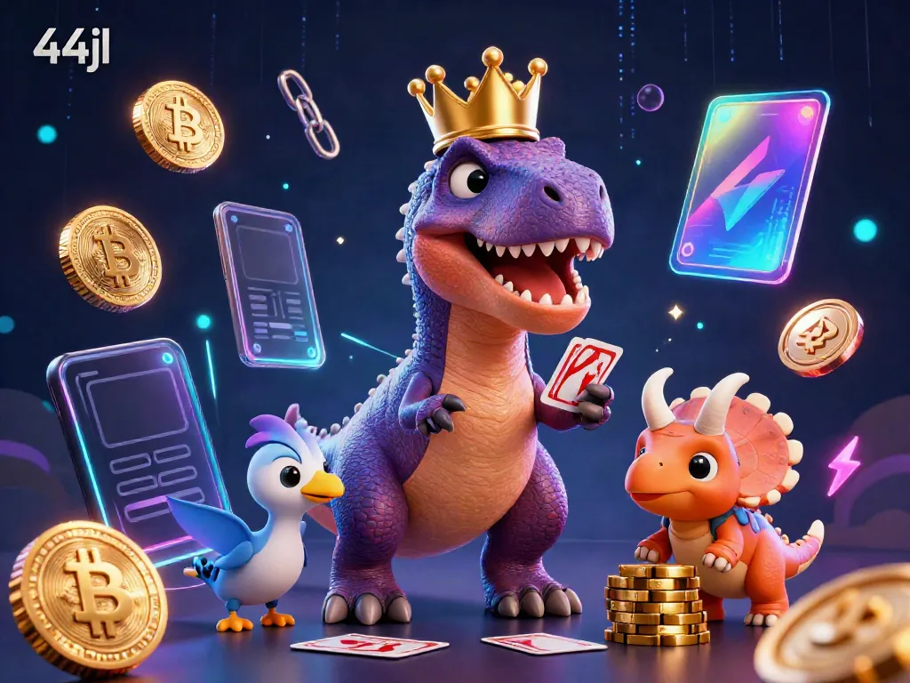 Engage in thrilling games at 44jl with a vibrant scene featuring interactive casino creatures and crypto elements.