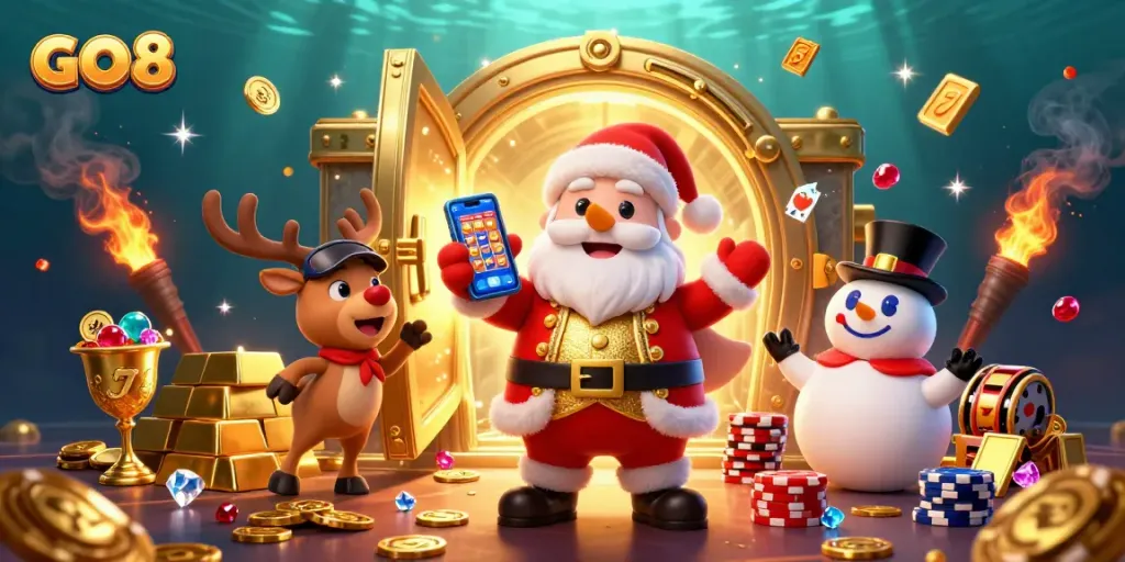 Spin the reels with GO 8 and join festive fun in this vibrant casino scene.