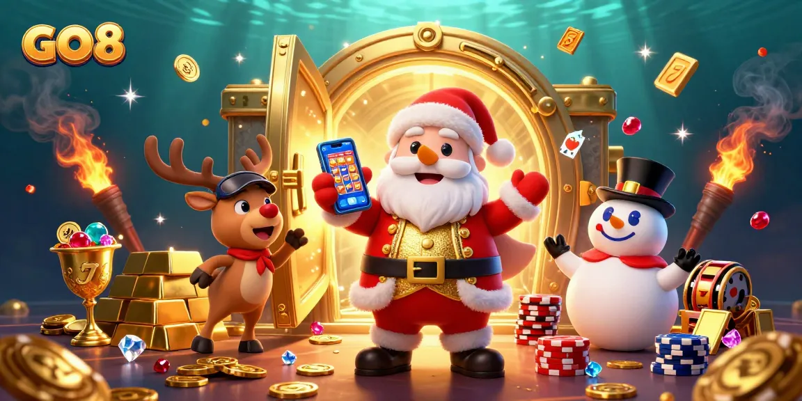 Spin the reels with GO 8 and join festive fun in this vibrant casino scene.