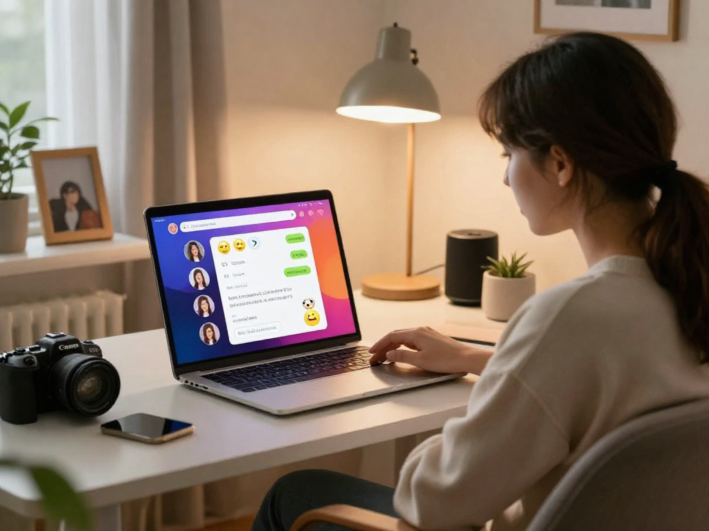 Engaging ai sex chat in a cozy home workspace featuring a laptop and inviting atmosphere.