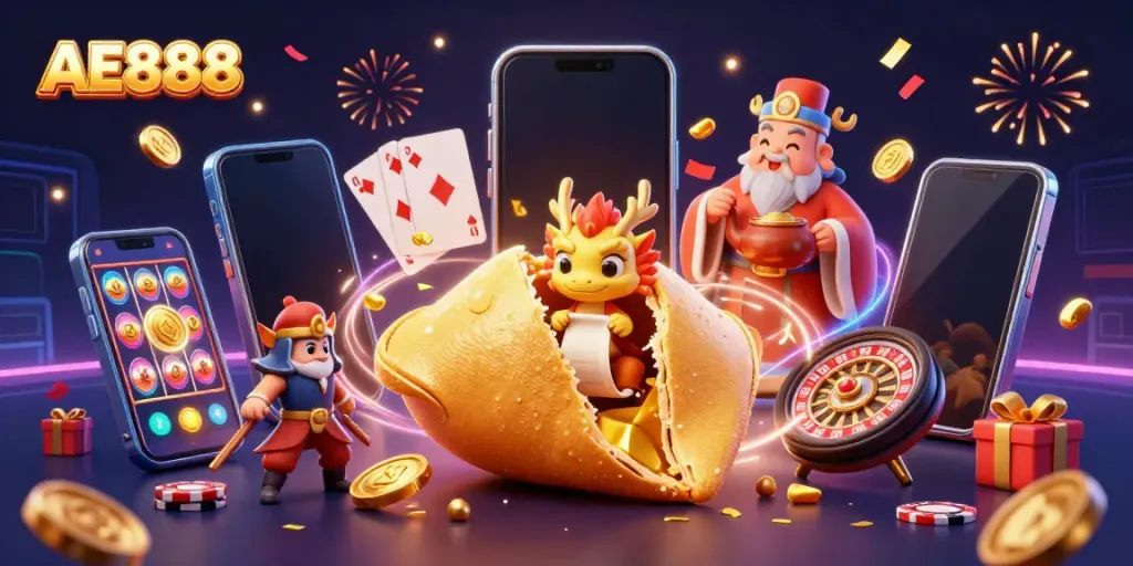 Spin your luck with AE888 in this vibrant casino scene filled with games and joyful characters.