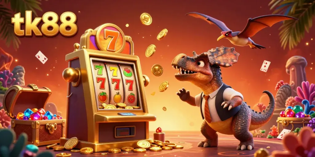Catch golden winnings with tk88 as a cartoon dinosaur triggers a jackpot in a vibrant casino.