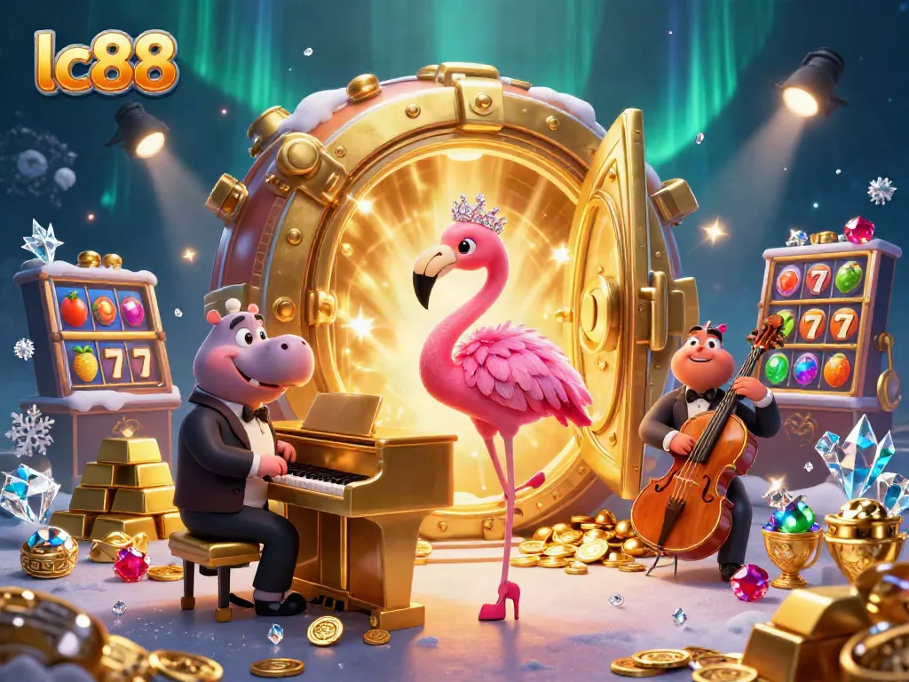 Engage in the vibrant atmosphere of lc88 casino with a flamingo singer and hippo bassist, surrounded by luxurious treasures.