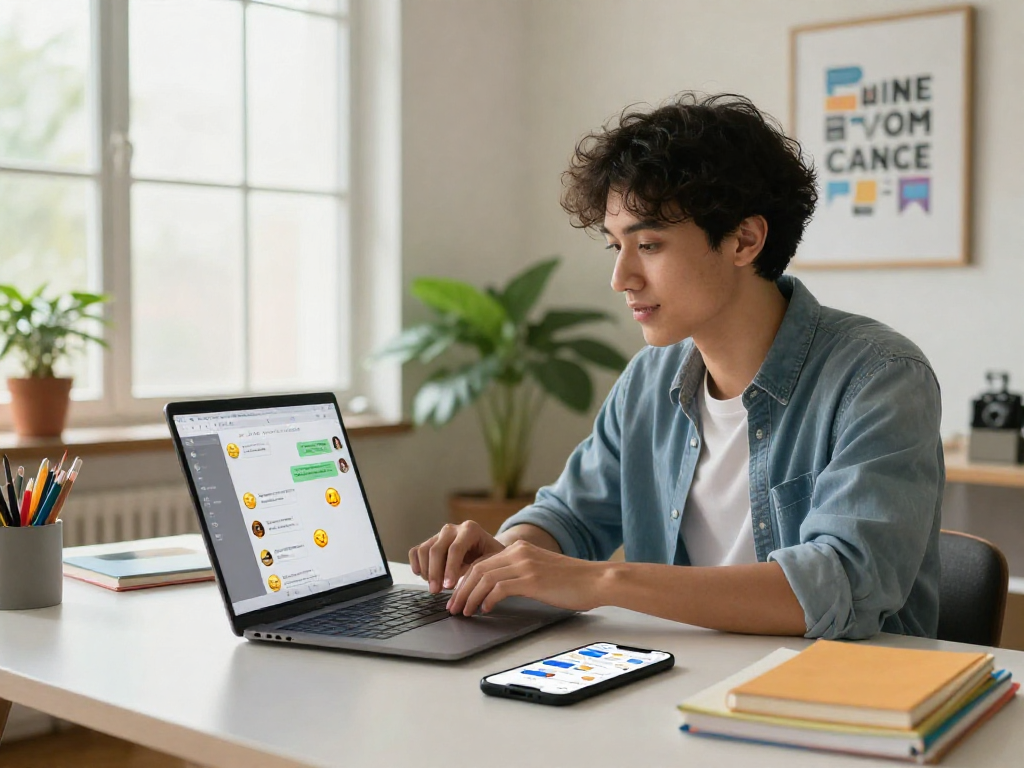 Juicy chat in a vibrant home office, showcasing digital communication and engagement.