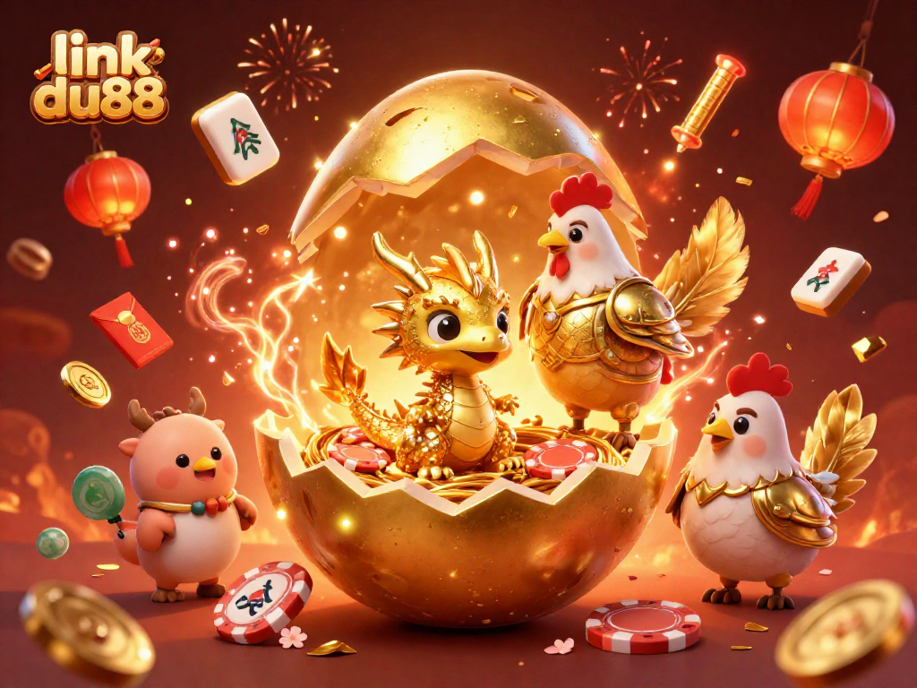 Experience the thrill with link du88 as a golden baby dragon emerges from a golden egg amidst vibrant casino elements.