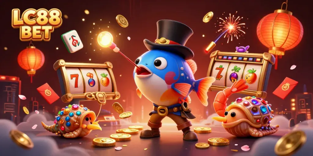 Experience LC88 BET in a rich scene featuring a cartoon anglerfish and treasure symbols.