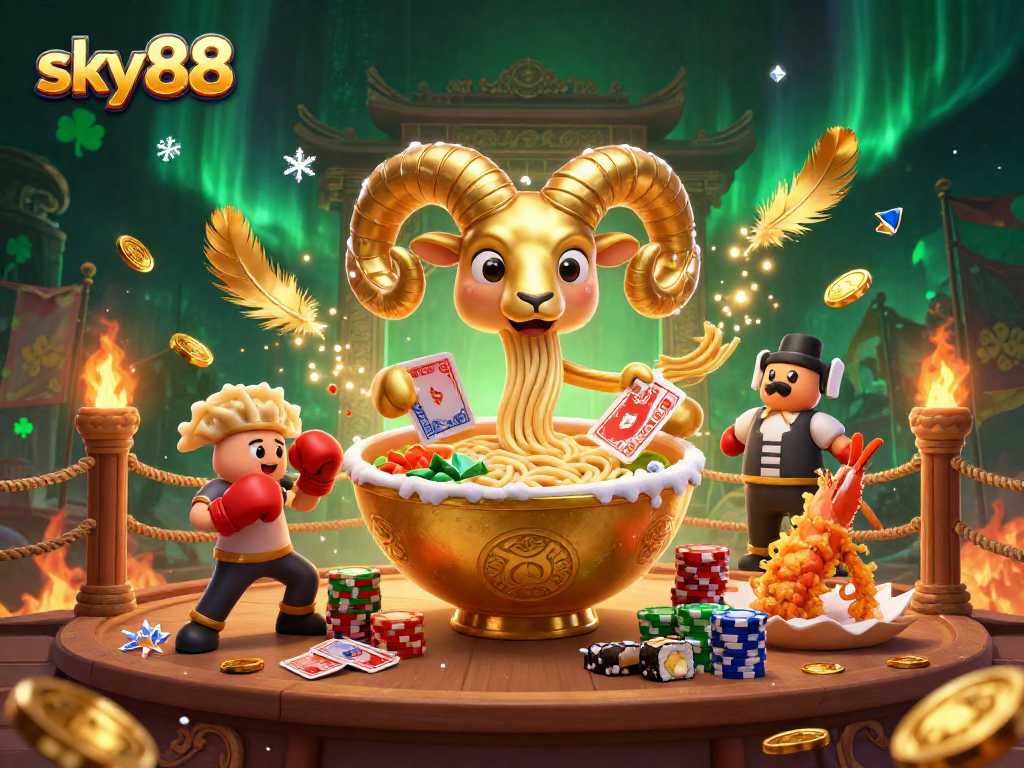 Engaging players in sky88 with a vibrant illustration of themed characters dealing cards and stacking chips in a dynamic casino setting.