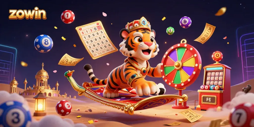Zowin offers an exciting gambling experience with vibrant lottery balls and a tiger sultan themed scene.