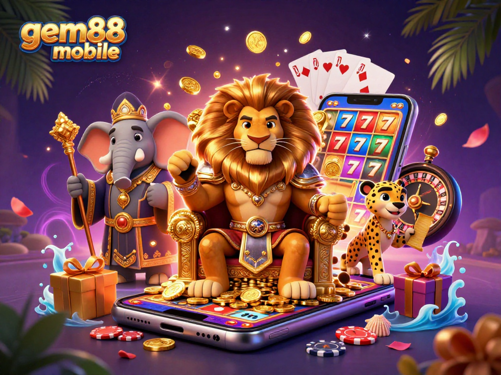Engage with gem88 mobile as the lion king presides over a vibrant casino scene.