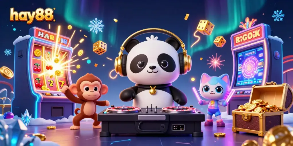 Experience the vibrant excitement of hay88 with DJ panda spinning slots and colorful casino elements.