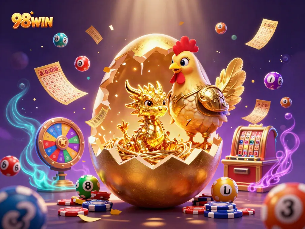 Experience the thrill of winning at 98WIN with golden treasures and vibrant lottery elements.