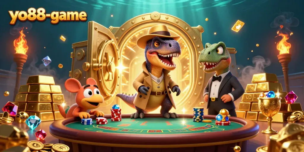 Experience thrilling excitement at yo88-game with a velociraptor card counter and dynamic casino elements.