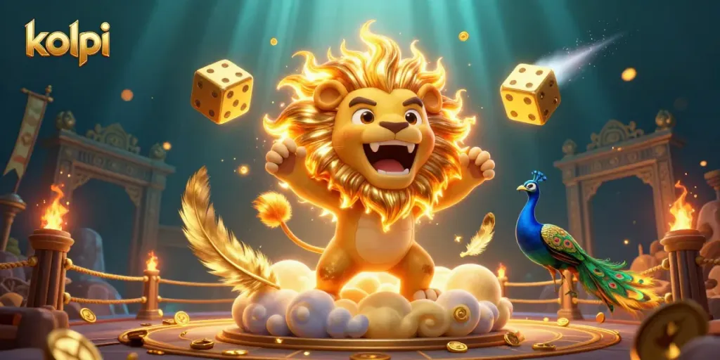 Experience thrilling kolpri gaming with roaring lion and golden dice in a vibrant casino atmosphere.