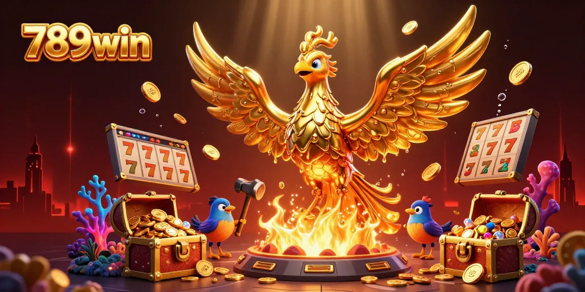 Experience the thrill of winning at 789win with golden treasures and vibrant slots in this captivating scene.