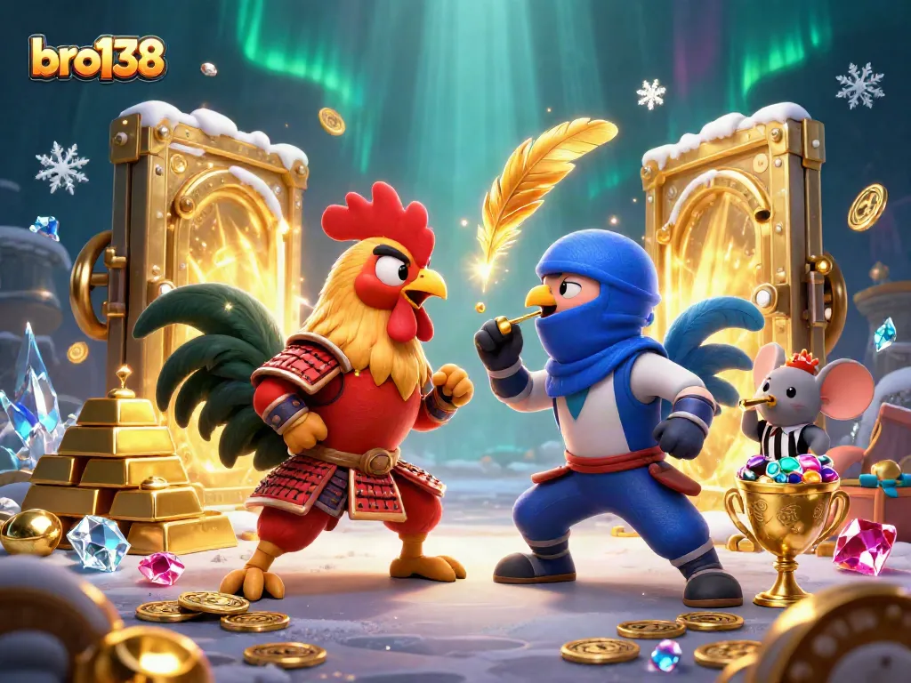 Experience bro138's thrilling gaming atmosphere featuring samurai roosters and golden treasures.