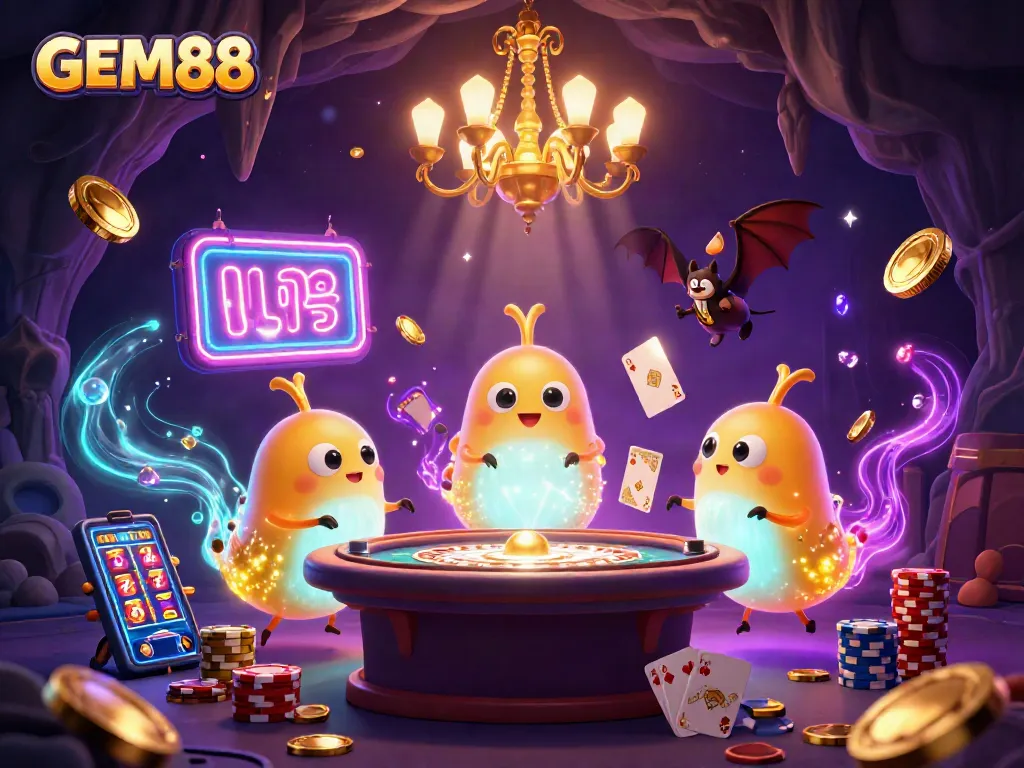 Experience the vibrant GEM88 casino scene with glowworms illuminating the cave, showcasing fun gaming elements.