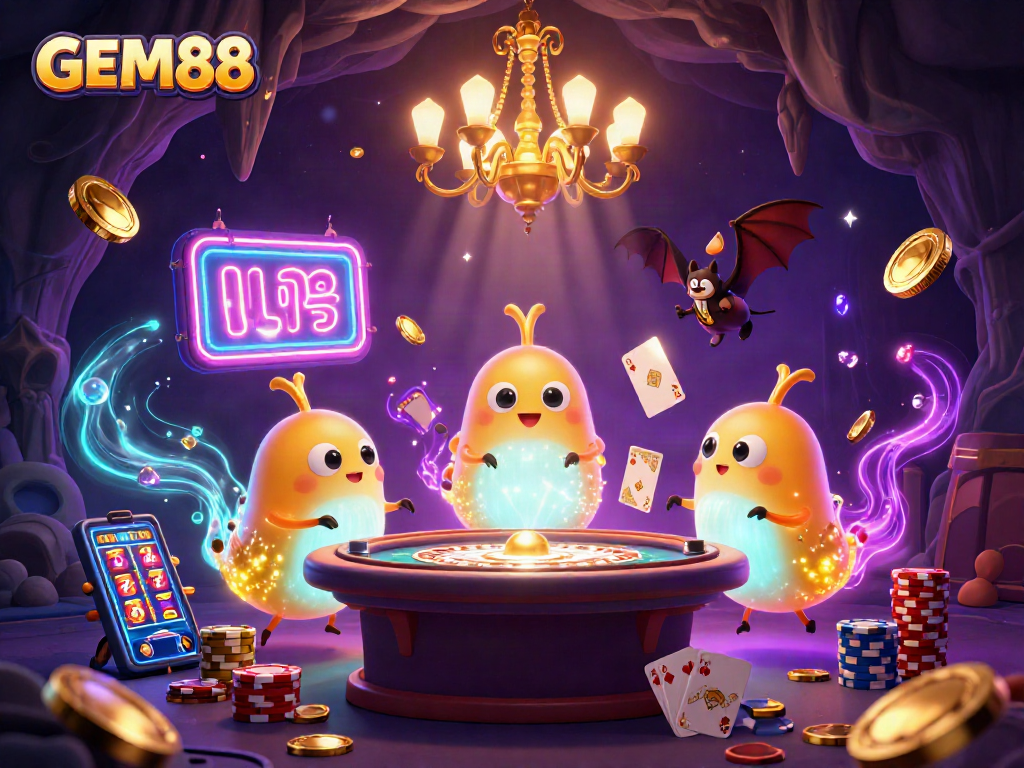 Experience the vibrant GEM88 casino scene with glowworms illuminating the cave, showcasing fun gaming elements.