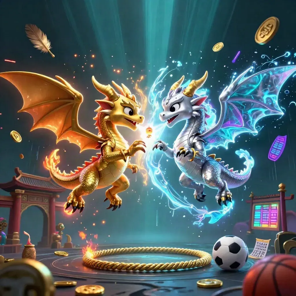 Gold and silver dragons clash mid-air with fire and ice over neon casino sports icons.