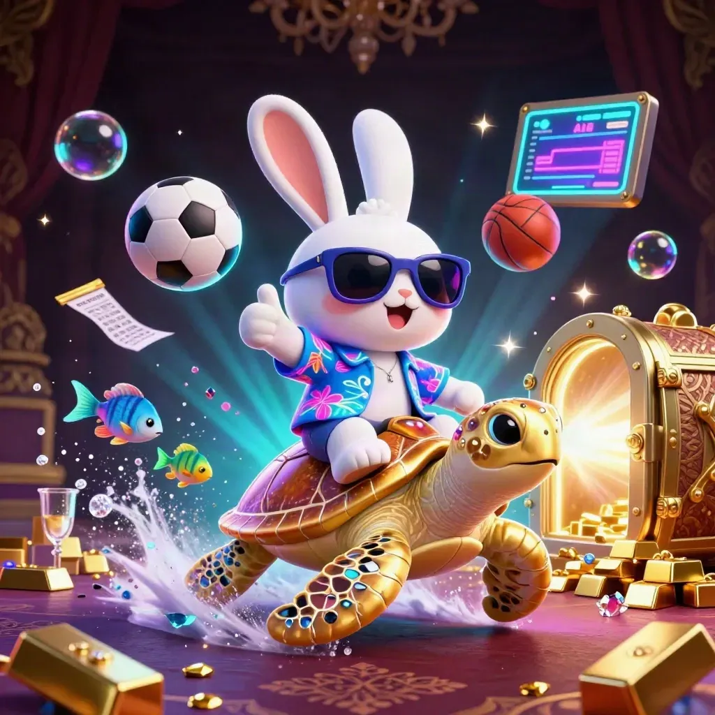 Lucky rabbit on a gold sea turtle, sports balls, vault glow, casino fantasy art