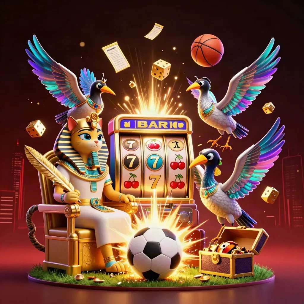 Pharaoh cat, ibis scribe and scarabs amid slot rays, soccer ball and neon casino chaos.