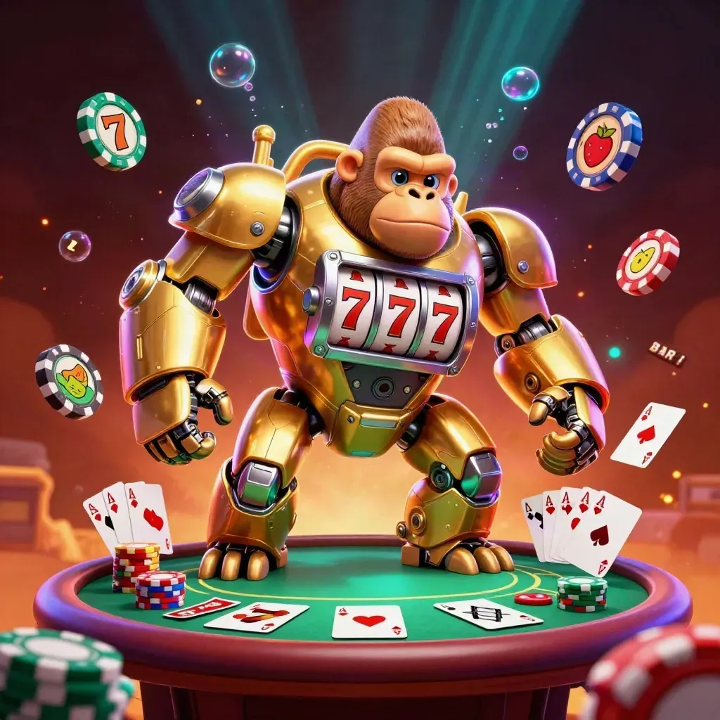 Golden gorilla mech with slot reels, cards, chips and neon casino glow in a dark cinematic splash.