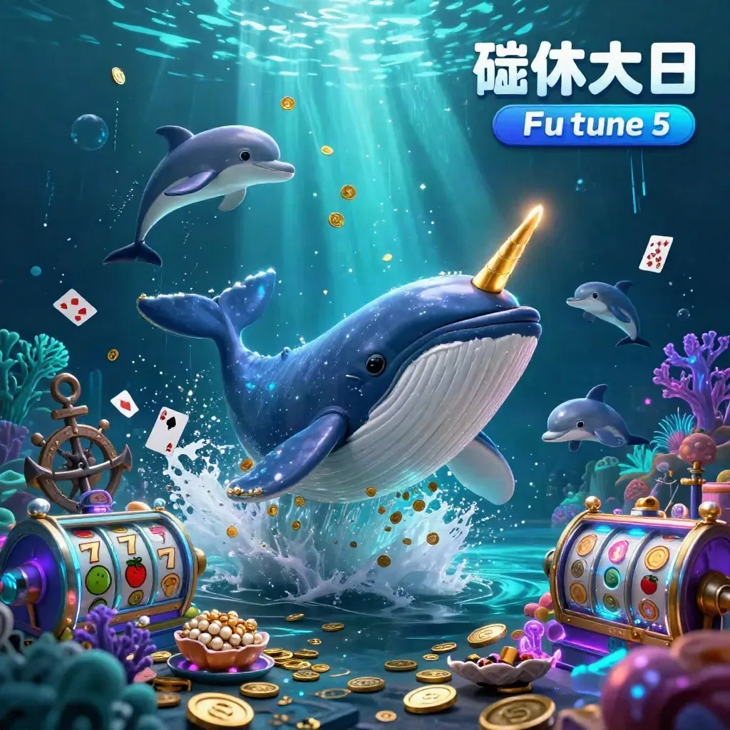 Whale, narwhal, and dolphins bursting through coins in a neon underwater treasure cove.