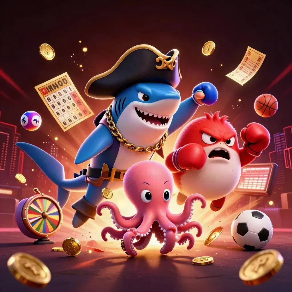 Pirate shark, pufferfish and octopus amid casino props, balls and neon light.