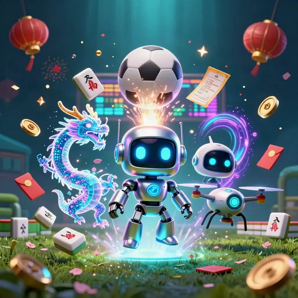 Cyberpunk robot, holographic dragon, and drone surround a frozen soccer ball with neon casino effects.